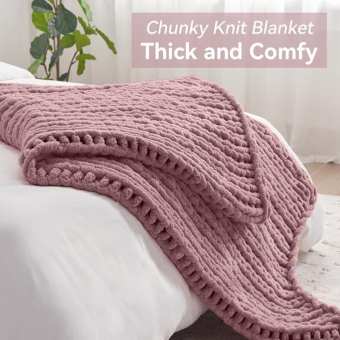 Negwoo Chunky Knit Throw Blanket, 60''*80'' Knitted Throw Chenille Yarn for Bed Couch, Handmade Muted Pink Crochet Big Thick Blanket, Machine Washable Cute Comfy Blanket for Home Decor