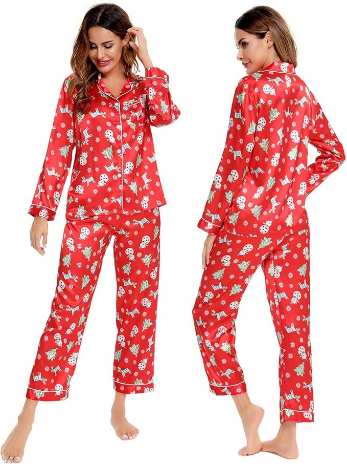 SWOMOG Womens Silk Satin Pajamas Set Long Sleeve Button Down Sleepwear 2 Piece Lounge Set Pj Set XS-3XL