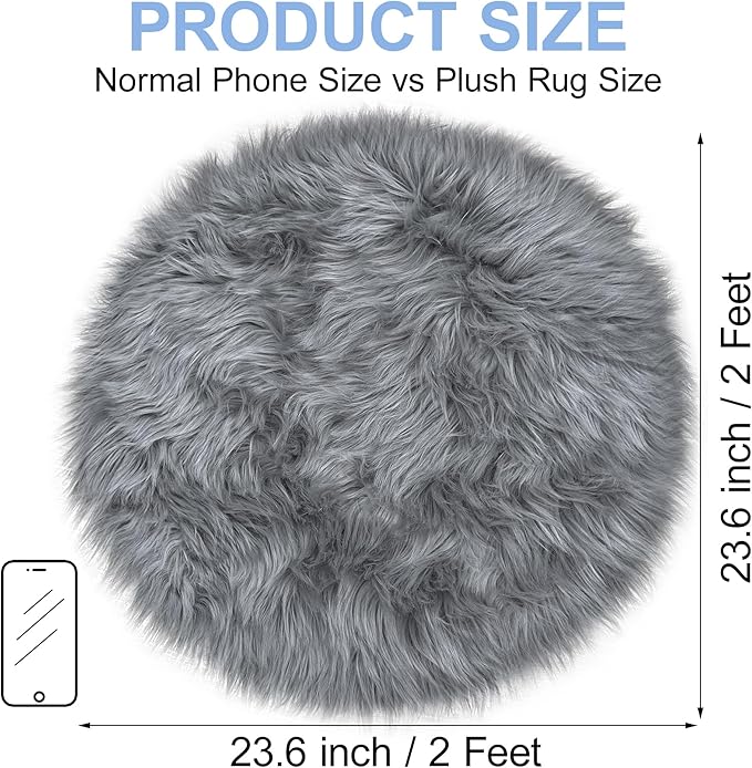 Grey Round Rugs for Bedroom, Fluffy Circle Rug 2 2 Feet for Kids Room, Furry Carpet for Teen Girls Room, Non-Slip Shaggy Circular Rug Plush Rug