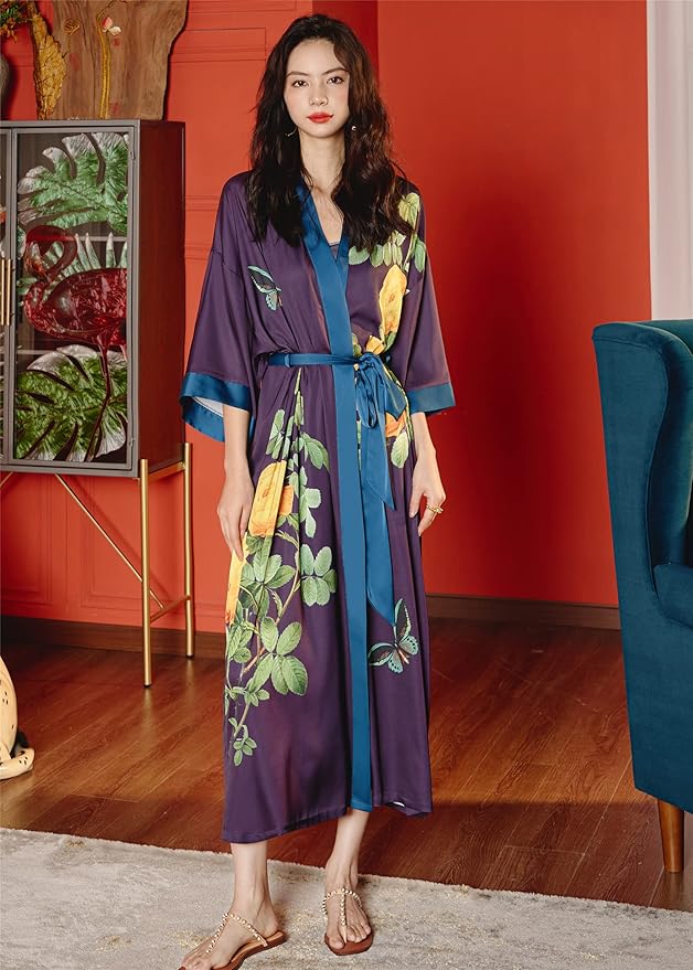 Kihnop Women's Floral Long Kimono Robe Long Satin Robe Long Silk Robe Ladies Kimonos Silky Bathrobe Cover Up, One Size