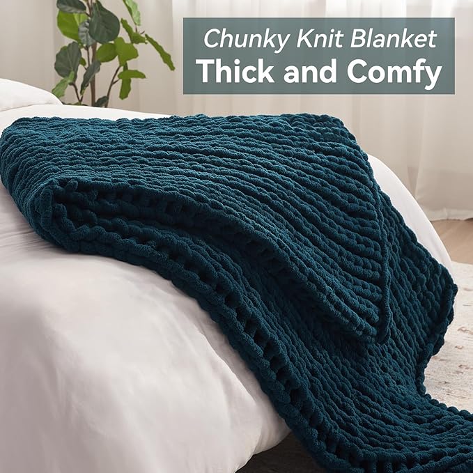 Negwoo Chunky Knit Throw Blanket, 50''*60'' Knitted Throw Chenille Yarn for Bed Couch, Handmade Peacock Blue Crochet Big Thick Blanket, Machine Washable Cute Comfy Blanket for Home Decor