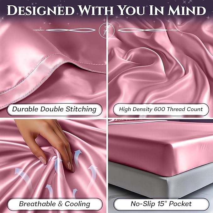 SLEEP SANCTUARY Satin Sheets Queen Size – 4 Piece Luxury Silky Bed Set, Softer Than Silk, 15" Deep Pocket, Cooling & Wrinkle-Free, Moisture-Wicking & Breathable for Hair & Skin (Pink)