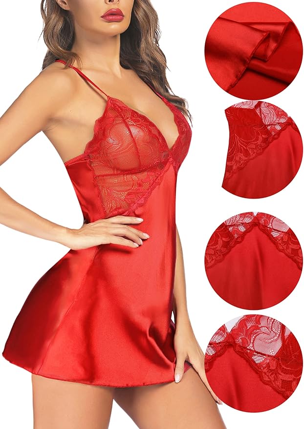 Avidlove Women Lingerie V Neck Sexy Nightwear Satin Sleepwear Lace Chemise Mini Babydoll Nightgown