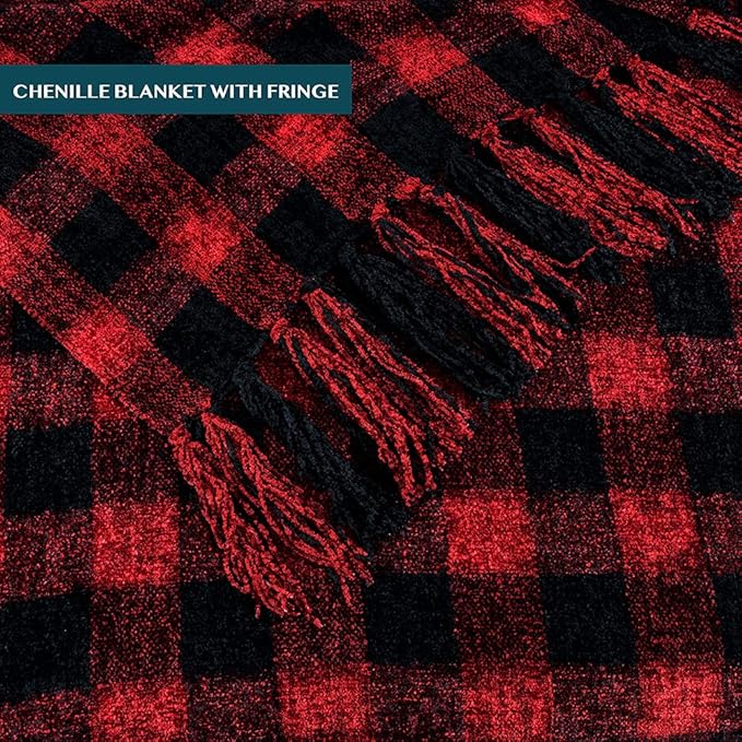 PAVILIA Plaid Chenille Blanket for Twin Size Bed, Soft Black and Red Buffalo Plaid Checkered with Tassel Fringe, Woven Knitted Decorative Blanket for Sofa Couch Living Room Decor Gift Twin 60x80