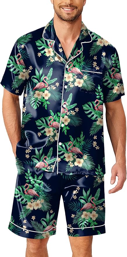 Ekouaer Mens Pajamas Set Silk Satin Sleepwear Short Sleeve Button Down Pjs Set 2 Piece Loungewear with Pockets S-XXL