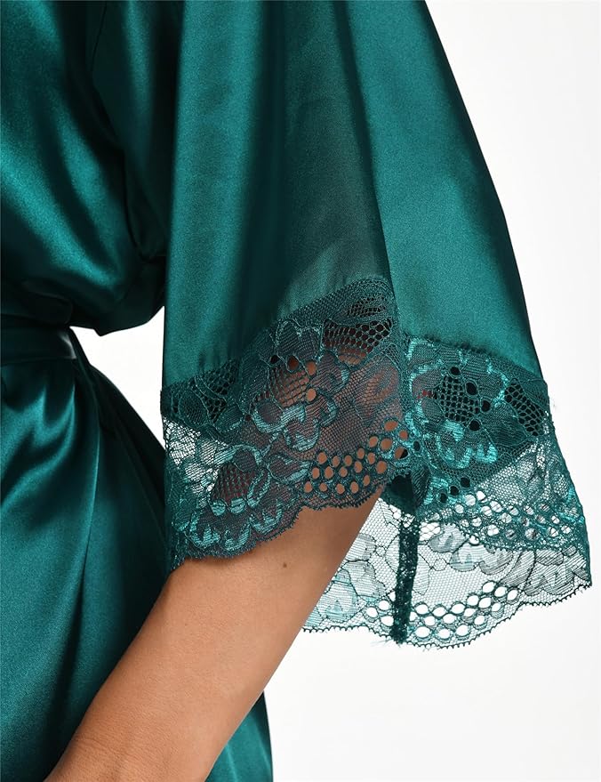 Kihnop Women's Satin Robe Silk Robe Lace Bridal Robes for Bride Bridesmaid Robes Silky Bathrobe Getting Ready Sleepwear