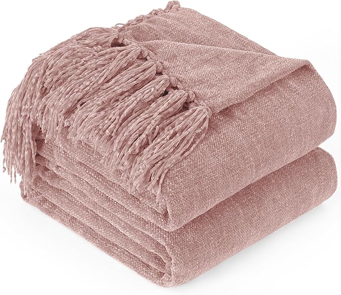 Chenille Throw Blanket for Couch with Tassels,50"X60" Soft Cozy Lightweight Knitted Boho Decorative Blankets for Bed and Sofa,Pink
