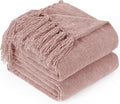 Chenille Throw Blanket for Couch with Tassels,50"X60" Soft Cozy Lightweight Knitted Boho Decorative Blankets for Bed and Sofa,Pink