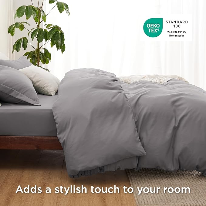 Bedsure Duvet Cover with Fitted Sheet Queen - Cooling Deep Pocket, Hotel Luxury Soft Double Brushed Bedding Set with Zipper Closure, 1 Duvet Cover, 1 Fitted Sheet, 2 Pillow Shams, NO Comforter, Grey