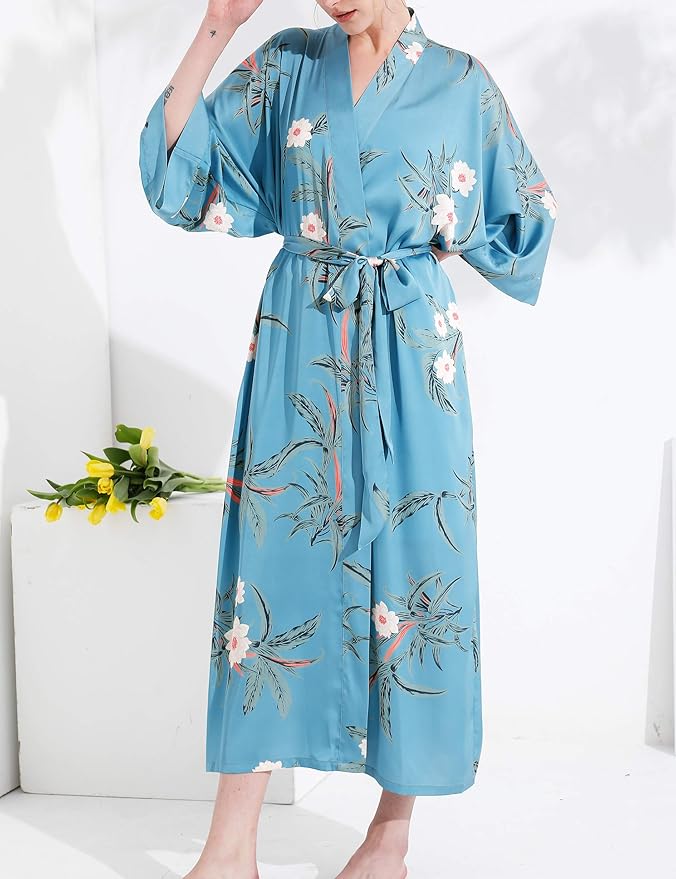 Aensso Long Soft Lightweight Silky Kimonos Robes for Women, Luxury Japanese Floral Womens Kimono Robe