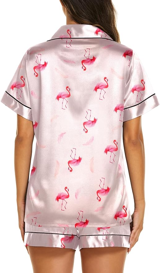 Ekouaer Silk Pajamas for Women Short Sleeve Sleepwear Soft Button Down Loungewear 2 Piece Satin Pjs Shorts Set