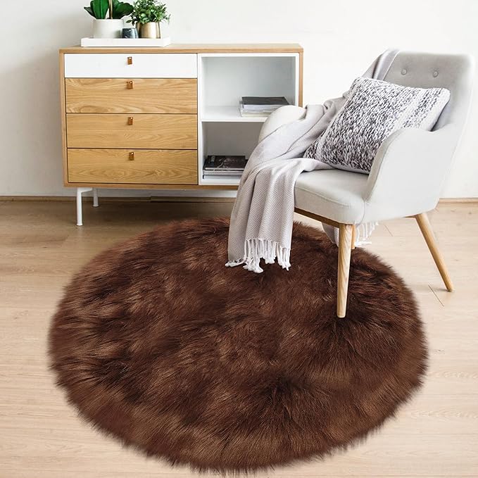 3ft Small Round Brown Rug,Thick Furry Fluffy Carpet for Teen,Sheepskin Fur Shaggy Circular Rug for Indoor Bedroom Room Living Room Nursery Decor Chair