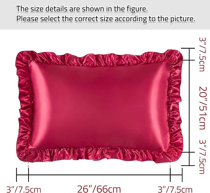 Wine Red Satin Ruffled Pillow Cases for Hair and Skin,Wine Red Silk Pillowcases Standard Set of 2 with Envelope Closure Princess Room Decoration