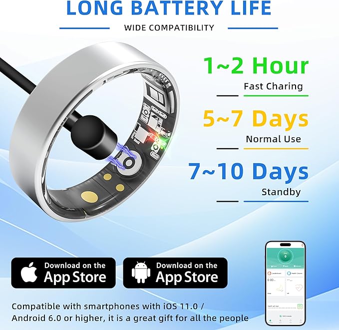Smart Ring Health Tracking, Sleep Tracking, Heart Rate, Blood Oxygen, Blood Pressure，Fitness Ring, Activity Monitoring, 5 Days Battery, 5ATM Waterproof, No Subscription (Silver, 8#)