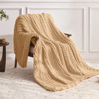 Negwoo Chunky Knit Throw Blanket, 80''*90'' Knitted Throw Chenille Yarn for Bed Couch, Handmade Beige Crochet Big Thick Blanket, Machine Washable Cute Comfy Blanket for Home Decor