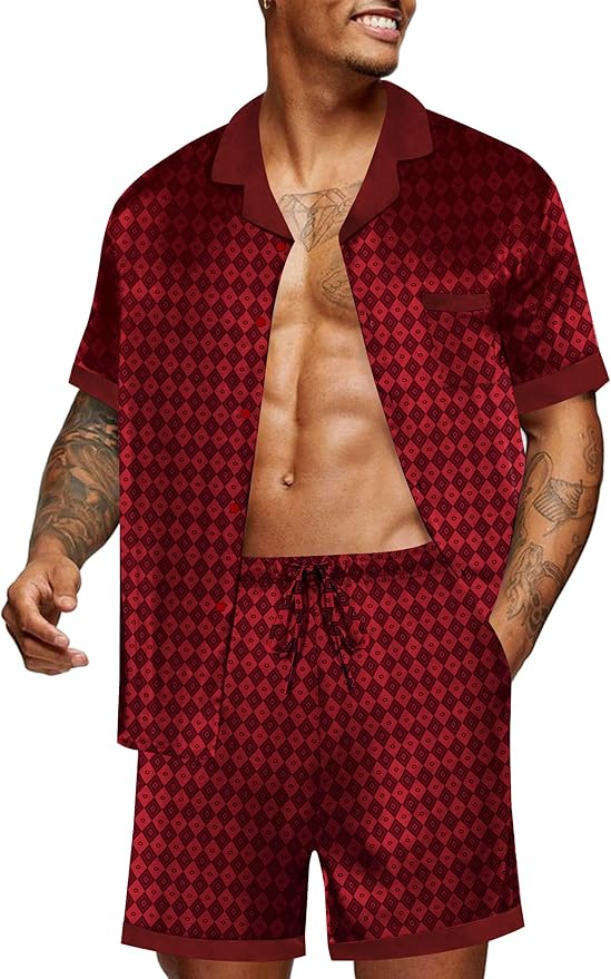 Ekouaer Men Satin Silk Pajamas Set with Pockets Sleepwear Shorts Satin Summer Loungewear 2 Piece Button Down Set S-3XL