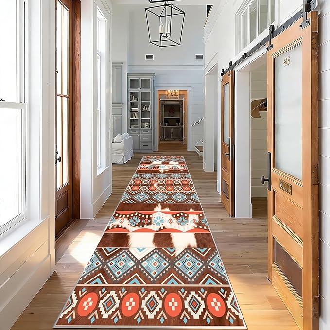 Western Cowhide Runner Rug,3x10ft,Rustic Tribal Aztec Runner Rug,Farmhouse Cow Print Decor Western Kitchen Rugs,Soft Non-Slip Faux Cowhide Hallway Carpet, for Office Entryway Bedroom Floor Mat