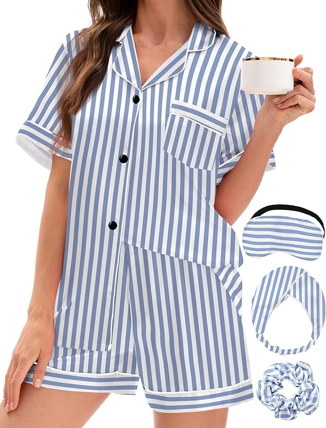 EPLAZA Silk Pajamas for Women Satin Pajamas Set 5 Pcs Long Sleeve Print Pattern Button Down Pjs Sleepwear Loungewear Set