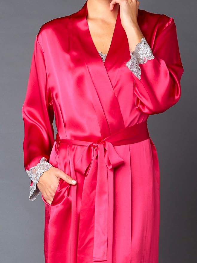 Julianna Rae Women's 100% Silk Robe, Lace Trim, Indulgence Collection, Lingerie, Beautiful Gift Packaging