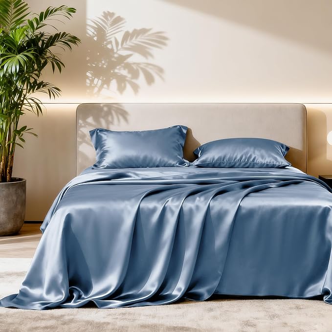 Love's cabin Twin Satin Sheets Sets - 3 Piece Ash Blue Silky Bed Sheets with Deep Pockets, Luxury Silk Feel Satin Twin Size Sheet Set Bedding Set (1 Flat Sheet,1 Fitted Sheet,1 Pillow case)