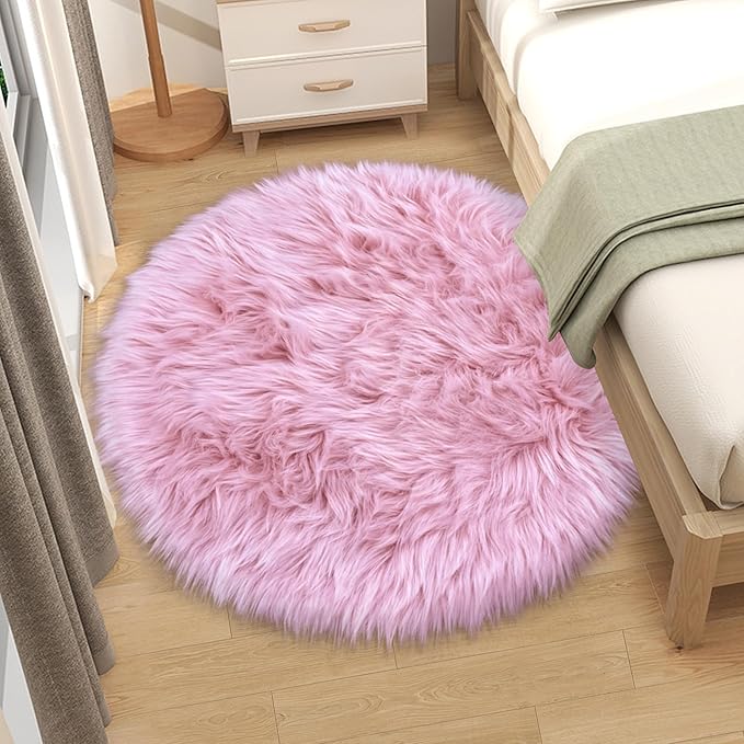 4 Ft Fluffy Round Pink Rugs for Bedroom Girls, Plush Faux Sheepskin Fur Rug for Living Room, Fluffy Circle Rug for Kids Room, Fuzzy Shag Circle Carpet for Teen Girls Baby Room Nursery Dorm