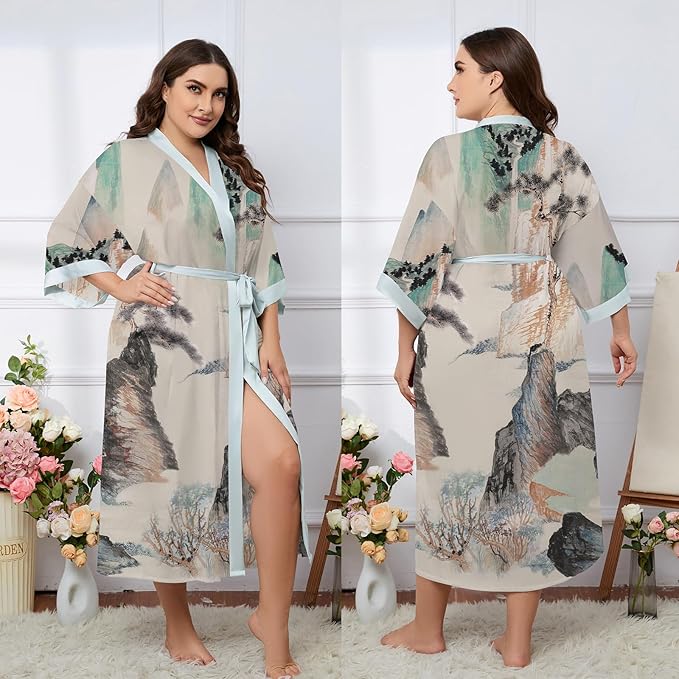 Kihnop Women's Floral Long Kimono Robe Long Satin Robe Long Silk Robe Ladies Kimonos Silky Bathrobe Cover Up, One Size