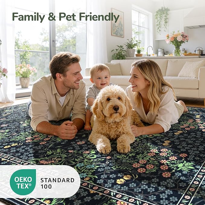 Lessymo Area Rugs 9x12 Living Room, Soft Washable Rug for Bedroom Dining Room Nursery Farmhouse, Boho Non Slip Low Plie Large Carpet Vintage Moody Dark Boho Flower, Black Green