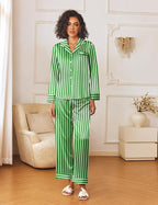 Ekouaer Womens Silk Satin Pajama Sets 2 Piece Sleepwear Pjs Set Long Sleeve Button Down Top and Pants Stripe Loungewear S-XXL