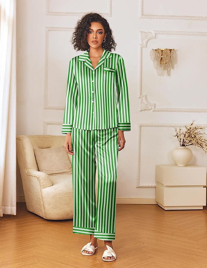Ekouaer Womens Silk Satin Pajama Sets 2 Piece Sleepwear Pjs Set Long Sleeve Button Down Top and Pants Stripe Loungewear S-XXL
