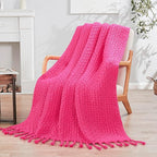 Chunky Knit Throw Blanket with Braided Tassels 50" x 60", Hand Knitted Soft Thick Yarn Basket Weave Boho Farmhouse Blanket, Plush Fluffy Tassel Decor Throw for Couch Bed Sofa, Hot Pink