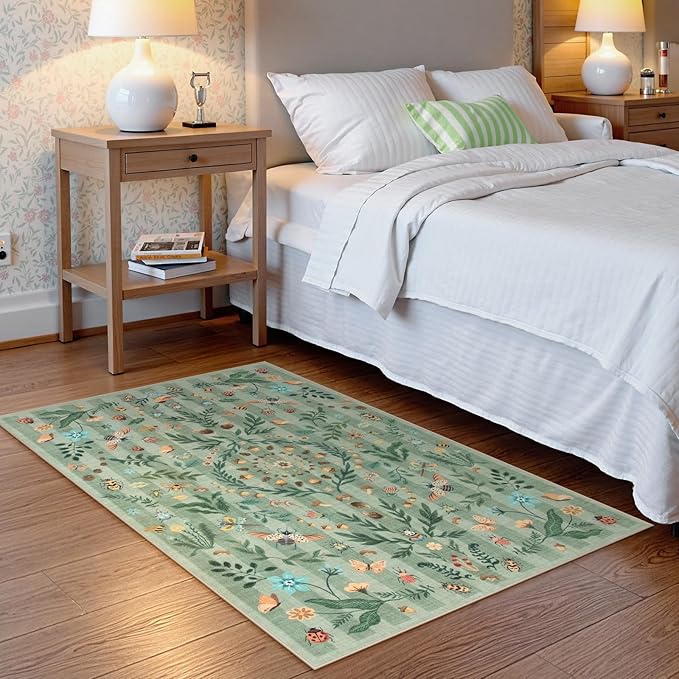 Lahome Chloe Insect Botanical 3x5 Washable Rugs for Entryway Soft Rug for Bedroom, Green Kitchen Rugs Non Slip Washable, Boho Floral Indoor Throw Carpet for Bathroom Laundry Living Room(Green,3x5)