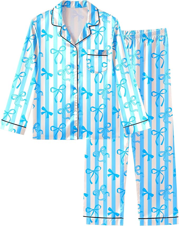 Girls Pajamas Silk PJS Set Satin Sleepwear Long Sleeve Jammies for Kids Button-Down Nightwear Loungewear 3-16 Years