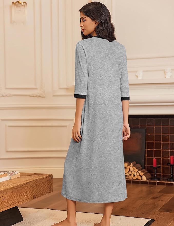 Ekouaer Women's Zipper Robe 3/4 Sleeves Housecoat Full Length Nightgown Soft Loungewear Robe with Pockets S-3XL