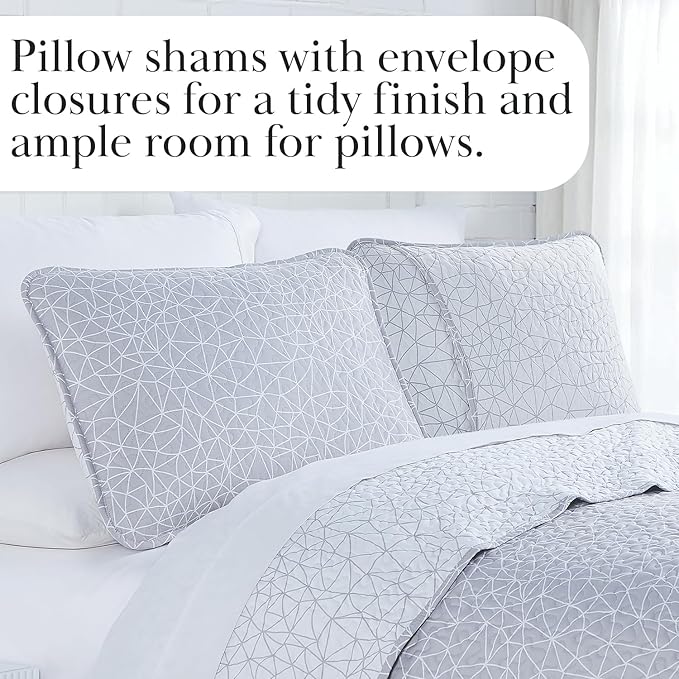 Southshore Fine Living, Inc. Oversized Bedspread, Geometric Bedding, Twin XL Quilt Set, Lightweight Coverlet 2-Piece Set with One Matching Quilted Pillow Sham, Twin/XL Bedspreads for Adult, Grey