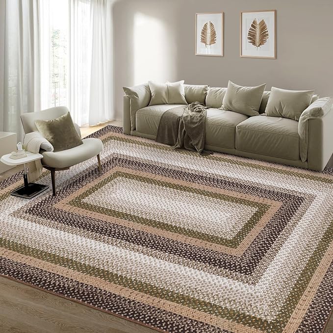 RUGSREAL Braided Print Washable 8x10 Large Rug for Living Room Modern Braid Printed Bedroom Rug Non Slip Stain Resistant Dining Room Throw Carpet Soft Farmhouse Accent Carpet HomeDecor, Moss Brown