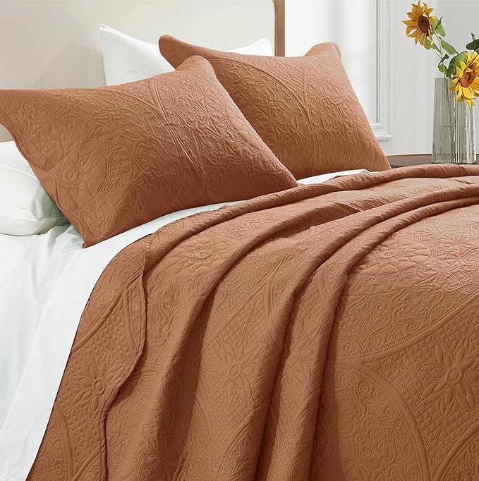 IR Imperial Rooms 8 Pack California King Quilt Bedding Set (118"x106") - Bulk Wholesale for Hotels, Guest Bedroom & Airbnbs - Microfiber Reversible Floral Embossed Quilts Bedspreads (Rust)