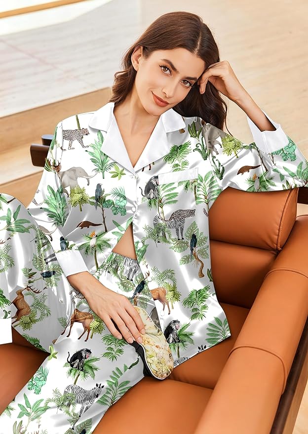 Ekouaer Silk Pajamas for Women Long Sleeve Satin Pajama Set Silky Pj Sets 2 Piece Button Down Loungewear Sleepwear
