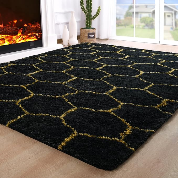 Fluffy 4x6 Area Rugs for Bedroom Living Room,Thick Shag Throw Floor Carpet,Soft Shaggy Bedside Non-Slip Rug Black Gold
