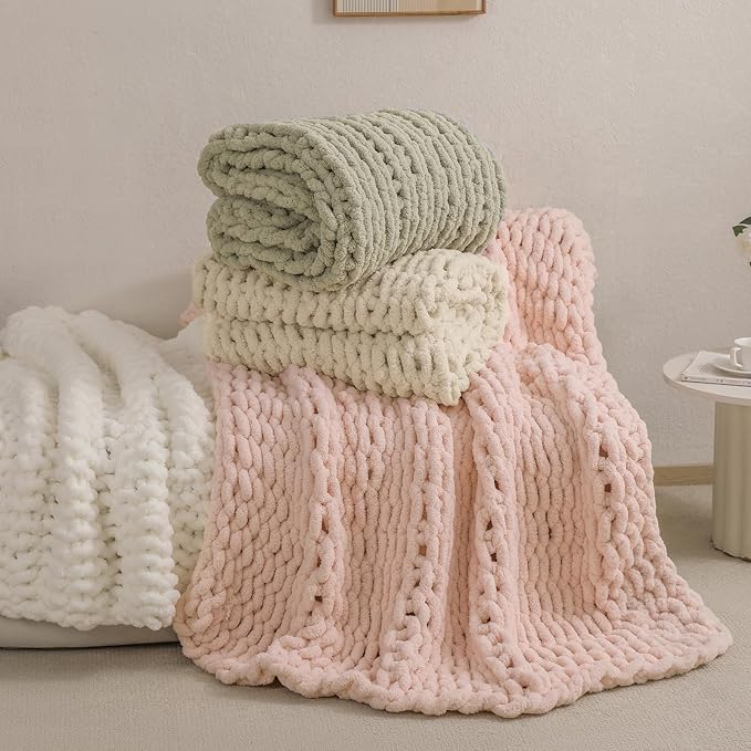 bearberry Chunky Knit Throw Blanket 60x80 Inches Handmade, Soft Jumbo Chenille Yarn with Cable Rope Knot Design | Thick Cozy Large Blanket for Couch, Sofa, Bed & Living Room Home Decor | Pink