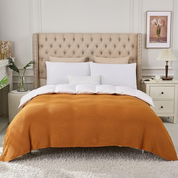 Longhui bedding Burnt Orange Cotton Cable Knit Throw Blanket for Couch Sofa Chair Bed Home Decorative, 2.5 Pounds 50 x 60 Inch Woven Throw Blankets with Bonus Laundering Bag