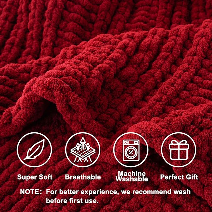 Battilo Dark Red Chunky Knit Throw Blanket, Christmas Red Throw Blanket for Couch, Super Soft Cozy Warm Blankets, Burgundy Chenille Throw Blanket for Living Room, Christmas Decorations, 50"x60"