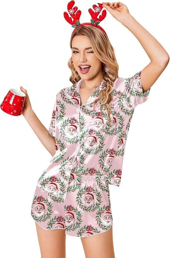 Ekouaer Womens Silk Satin Pajamas Set Short Sleeve Sleepwear Button Down Loungewear 2 Piece Pjs Shorts Set S-5X Plus Size