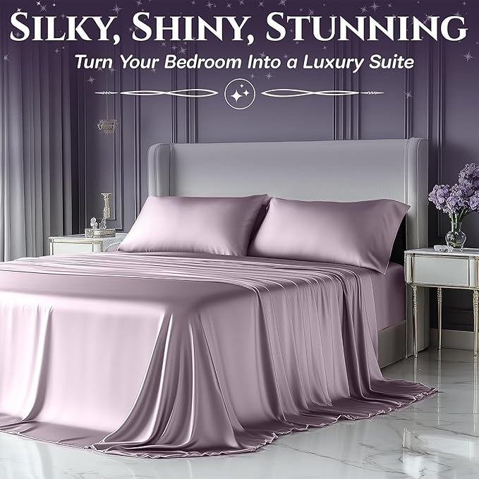 SLEEP SANCTUARY Satin Sheets Twin Size – 3 Piece Luxury Silky Bed Set, Softer Than Silk, 15" Deep Pocket, Cooling & Wrinkle-Free, Moisture-Wicking & Breathable for Hair & Skin (Lavender)