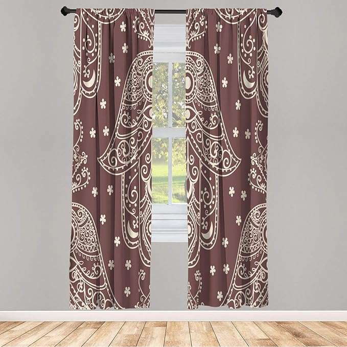 Lunarable Hamsa Window Curtains, Egyptian Boho Hand Shape Pattern Eye Design Bridal Night Inspired Art, Lightweight Decorative 2-Panel Set & Rod Pocket, Pair of - 28" x 95", Pale Maroon