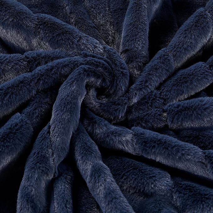 Striped Throw Blanket and Pillow Covers Set (No Inserts) for Couch and Bed, Plush Warm Lightweight Fuzzy Faux Fur Blanket for All Seasons (50" x 60", Dark Blue)