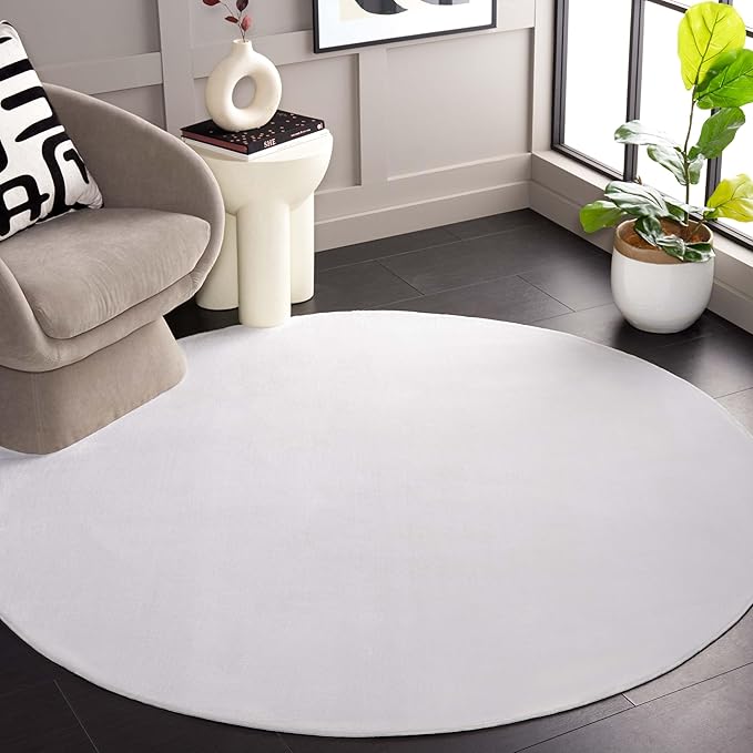 SAFAVIEH Washable Rug Faux Rabbit Fur Shag Collection - 8' Round, Ivory, Slip Resistant & Easy Cleaning, Ideal for Living Room, Bedroom, Dining Space (FRF100A)