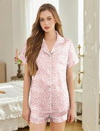 Silk Pajamas for Women Short Sleeve Sleepwear Soft Button Down Loungewear 2 Piece Satin Pjs Shorts Set S-XXL