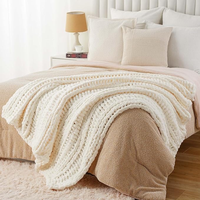 Battilo Cream Chunky Knit Throw Blanket for Couch, Super Soft Chenille Throw Blanket Cozy Warm Thick Ivory White Cable Knitted Blanket for Sofa, Bed, Living Room, 50"x60"