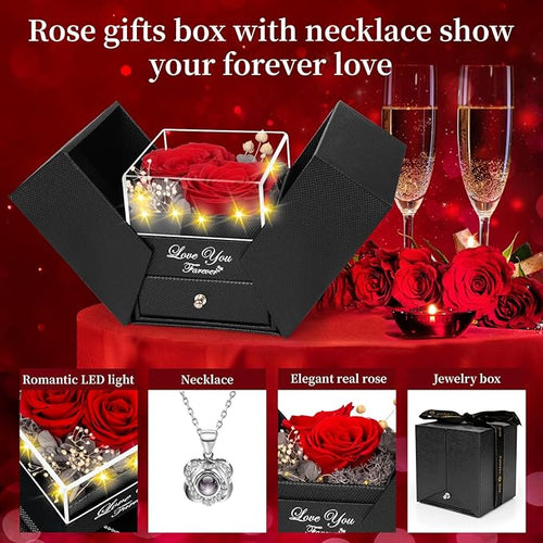 2 Preserved Real Rose with Heart I Love You Necklace- Eternal Rose Birthday Gifts for Women Wife Girlfriend Her Mom Grandma on Festivals Gifts Christmas Valentines Mothers Day Anniversary-Red Rose