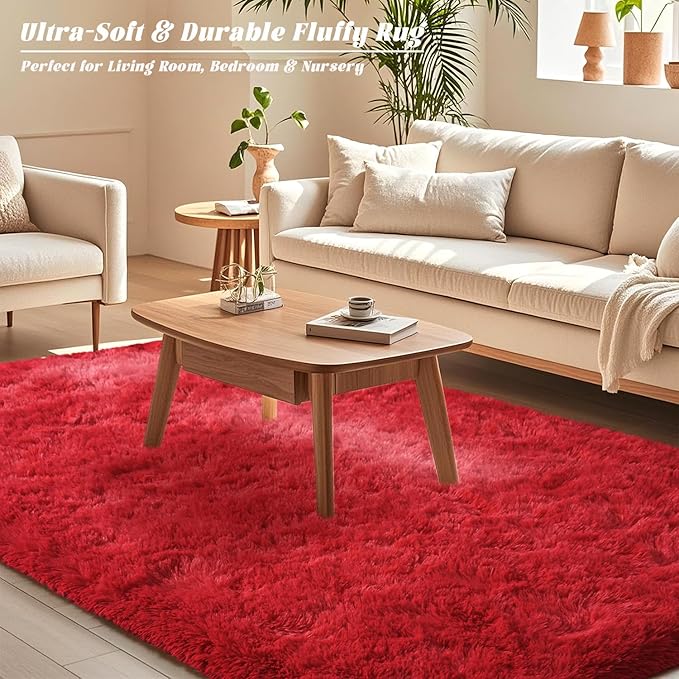 Large Soft Fluffy Rugs for Living Room, 8x10 Feet, Red Faux Fur Area Rug - Plush Non-Slip Shag Shaggy Carpet for Bedroom, Kids Boys Girls Dorm Nursery Room